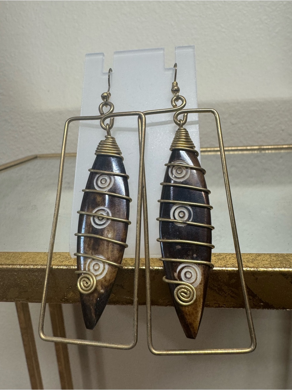 Handmade Brown Tribal Drop Earrings with Brass Wire Frame